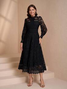 Elegant Stand Collar Long Sleeve Women's Chic Slim Fit Dress, Sophisticated Style