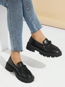 Giày lười mũi tròn cho nữ, đế dày, thường ngày, thoải mái, thanh lịch, đa năng, phù hợp đi làm, đi học, mùa xuân/thu, màu đen - màu đen - Xem 2