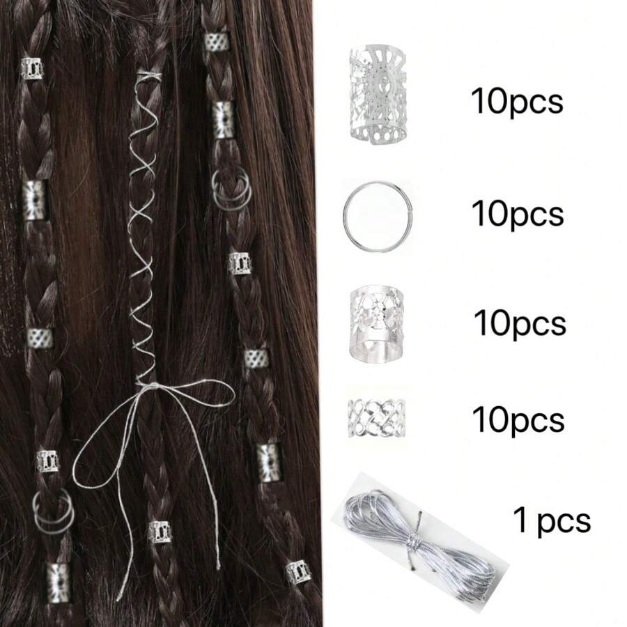 41 件套剑麻绳太阳形发圈套装，女士编织发饰，节日派对发夹，爪夹，发夹，发夹，发夹，发夹 - 銀色 - 查看 1