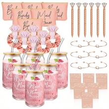 36 Pcs Bridesmaid Proposal Gifts Ill You Be Y Bridesmaid Set Of 6 Include 6 Oz Bridesmaids Aid Glass Cup Cosmetic Bags Cards Scrunchies Hair Knotted Bralets Pens For Edding(Rose Gold) - 玫瑰金色 - 查看 1