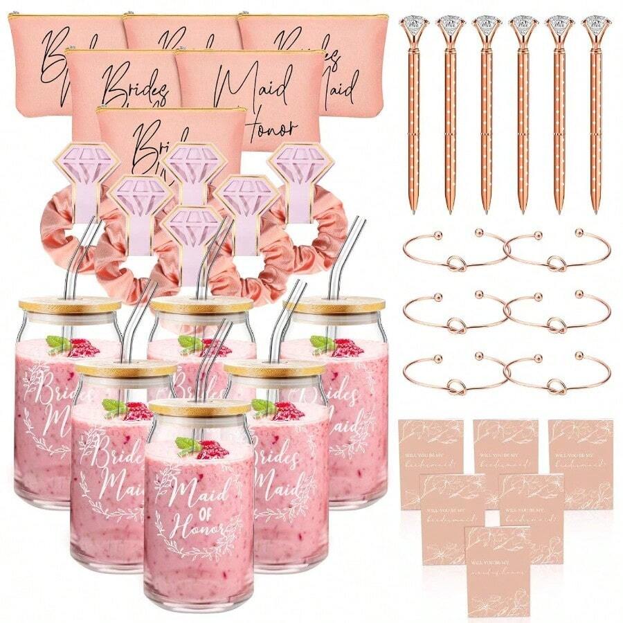 36 Pcs Bridesmaid Proposal Gifts Ill You Be Y Bridesmaid Set Of 6 Include 6 Oz Bridesmaids Aid Glass Cup Cosmetic Bags Cards Scrunchies Hair Knotted Bralets Pens For Edding(Rose Gold) - 玫瑰金色 - 查看 1