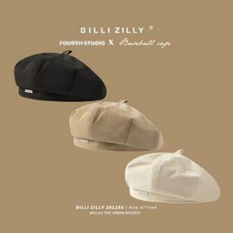 1pc Women's Autumn/Winter Beret Hat With Metal Logo, Petite Flattering Painter Beret, Versatile Spring/Autumn, Leather Patch Beret, Wool Beret With Bow, Warm Painter Beret For Women