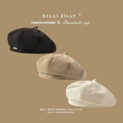 1pc Women's Autumn/Winter Beret Hat With Metal Label, Petite Face Flattering, Ins Blogger Style, Spring/Autumn Japanese Design, Leather Label Beret, Autumn/Winter Metal Label Artist Beret, Square Buckle Wool Beret, Autumn/Winter Japanese Versatile Warm Artist Beret, 1pc Women's Wool Beret With Bow