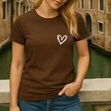 Women's Basic T-Shirt Cute Heart 100% Cotton Various Colors - 鏽棕色 - 查看 3