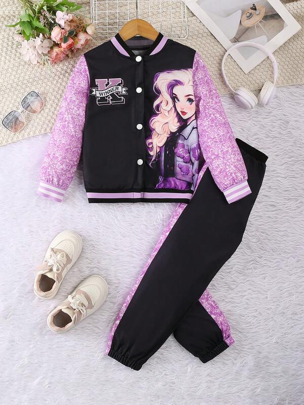 Jaqueta de beisebol com estampa de letras e desenhos animados para meninas, abotoamento simples, gola + calça com punho, roupa infantil, adequada para uso ao ar livre