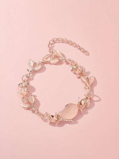 1 件青少年猫眼石叶手链，优雅百搭的玫瑰金首饰