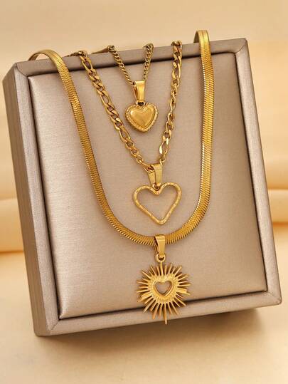 3件套不锈钢镀金心形吊坠项链套装，适合女士日常佩戴或作为礼物