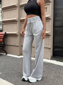 Pantalones de chándal con cintura elástica gris para mujer de VIBEWAVE, joggers holgados con cordón adelgazante, pantalones rectos versátiles y casuales con bolsillos decorativos