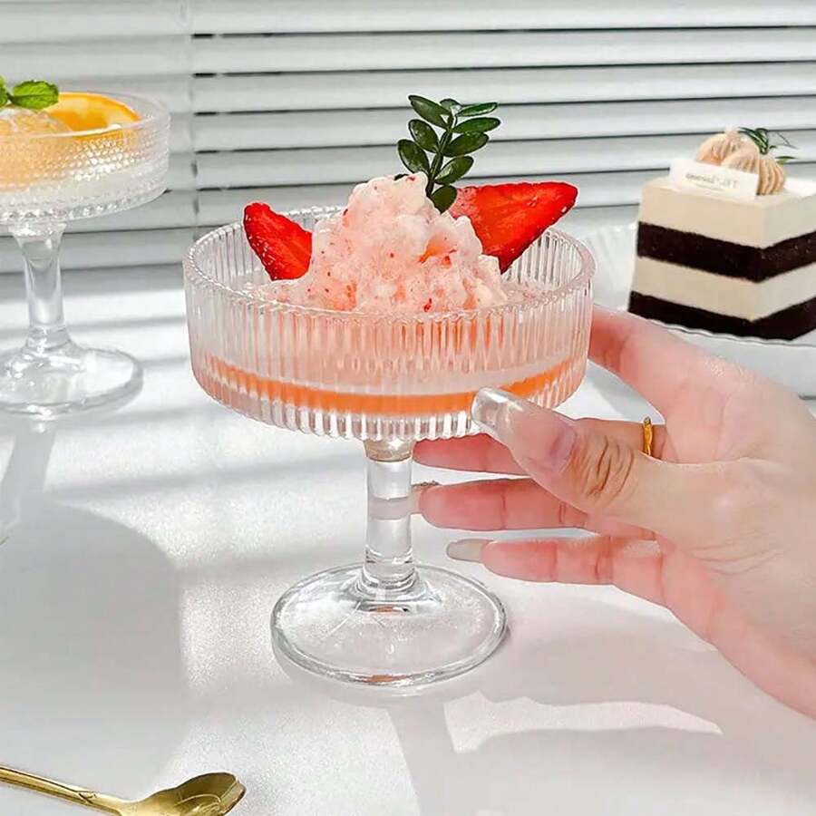 1pc INS Style Home Dessert Pudding Striped Tall Glass Cup For Ice Cream, Cold Drinks, Cocktails, Etc.