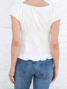 Y2k Summer Tops For Women Cute Sweetheart Neck Crop Tops Solid Color Short Sleeve Pleated Hem Button-Up Slim Fit Blouse Babydoll Tee Casual Going Out Tops Streetwear Fairy Clothes - trắng - Xem 9