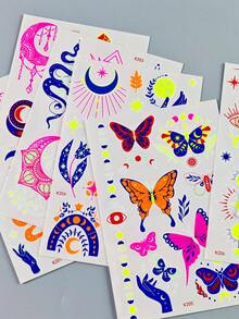 8 Sheets Y2K Glam Neon Glow Temporary Tattoos, Blacklight Body Art Stickers, UV Light Glow Tattoo Stickers, Perfect For Night Parties & Halloween, Assorted Designs For Music Festival And Party Body Make - Multicolor - View 8