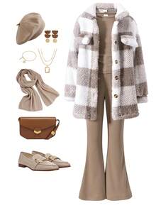 Vihyde 3 pezzi Set di giacca in pile a quadri, blusa con fiocco e pantaloni a zampa per ragazze, autunno/inverno