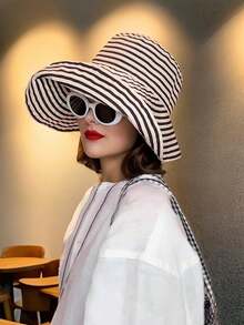 Mũ xô vành rộng họa tiết sọc cổ điển dành cho nữ, mũ chống nắng đa năng có thể gấp gọn dùng ngoài trời, dùng được cho mọi mùa - Nhiều màu - Xem 9