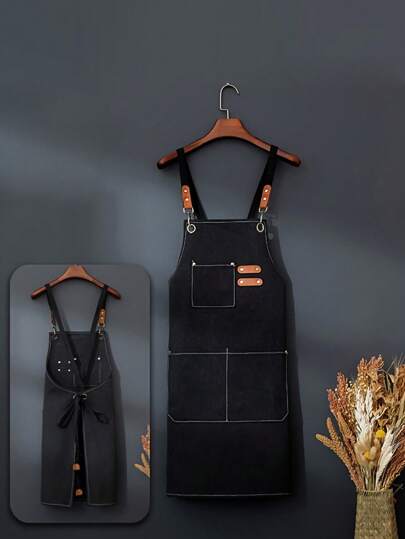 Grembiule in tela impermeabile e durevole con bavaglino regolabile e cinghie in pelle - adatto per caffetterie, negozi di tè al latte e saloni di acconciatura, abbigliamento da lavoro per signore, grembiule da cucina