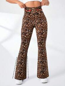 Women Leopard Pattern Slim Fit Flared Pants High Waist Seamless Wide Leg Leopard Print Sports Trousers Gym Yoga Lift Buttocks Exercise Leggings Breathable Comfort Suitable For Daily Leisure Activities Such As Dancing And Yoga Four Seasons Daily Women's Clothing