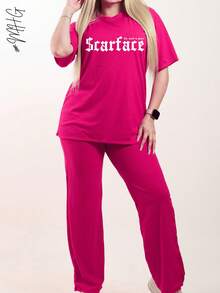 Ropa oversized mujer Conjunto cómodo  Outfit relajado  Estilo urbano  Look casual chic  Conjunto moderno  Conjunto con estilo  Moda relajada Pantalón holgado  Pantalón suelto Blusa oversize  Blusa estampada  Blusa suelta - Rosa Fucsia - Ver 1