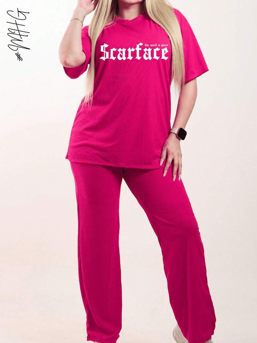 Ropa oversized mujer Conjunto cómodo Outfit relajado Estilo urbano Look casual chic Conjunto moderno Conjunto con estilo Moda relajada Pantalón holgado Pantalón suelto Blusa oversize Blusa estampada Blusa suelta - Rosa Fucsia - Ver 1