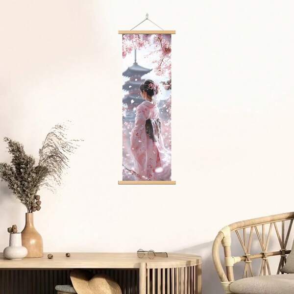 1 pièce Œuvre murale sur canevas Fleurs de cerisier - Femme en kimono avec pagode, scène romantique de fleurs de cerisier, rouleau en bois, décoration intérieure/extérieure de printemps et d'automne, décoration murale romantique | Design de kimono traditionnel | Œuvre détaillée, décoration de fleurs de cerisier