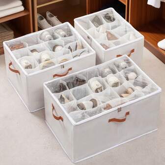 1pc 12/16/20 Grid Fabric Visible Underbed Shoe Storage Box, Compartment Shoe Organizer For Sneakers & Slippers, Suitable For Home Organization