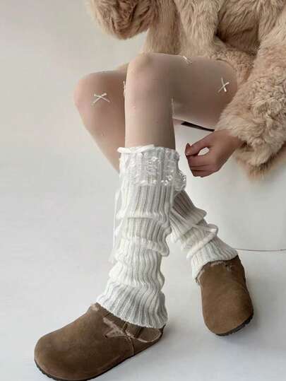 1 Paio di Calze Lunghe da Donna alla Moda con Fiocco, Lavorazione a Maglia Calda e Arricciatura in Pizzo, Stile Dolce, Adatte per Accessori Autunnali/Invernali