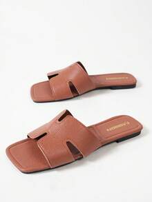 女士时尚平底方头一脚蹬凉鞋，百搭女士夏季新款休闲鞋 - 巧克力棕 - 查看 5