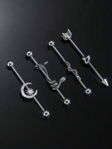 1pc Industrial Ear Cuff Earring, Stainless Steel Heart, Snake, Star & Moon Design - Silver - View 1