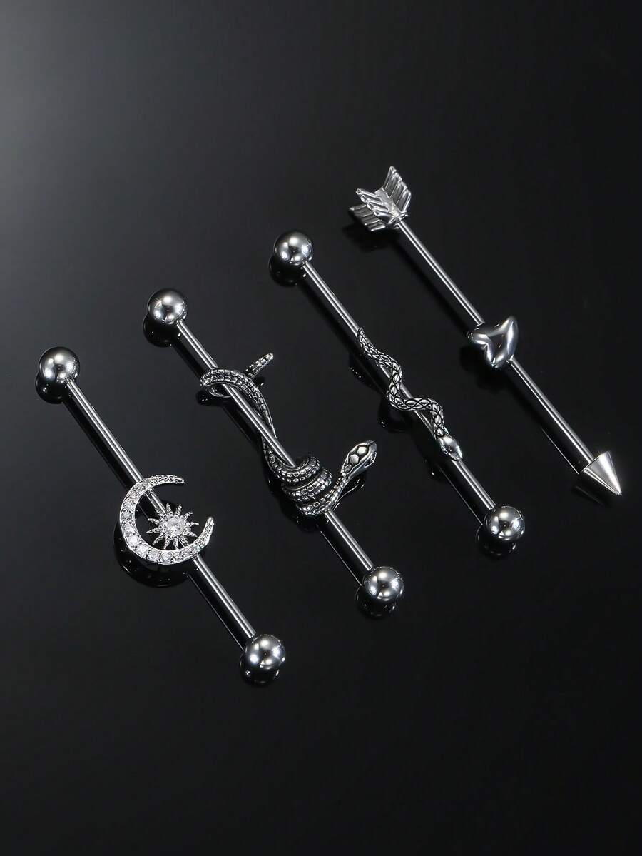 1pc Industrial Ear Cuff Earring, Stainless Steel Heart, Snake, Star & Moon Design - Silver - View 1