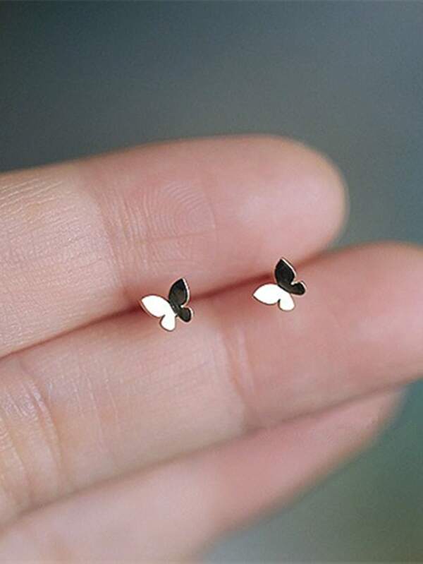 925 Sterling Silver & 14K Gold Plated Shiny Mini Butterfly Stud Earrings, Korean Style Earrings For Women, Hypoallergenic