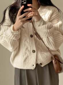 JIANHU Women's Vintage Chunky Knit Cardigan For Fall & Winter - Button Front, Long Sleeve, Perfect For Valentine's Day And Beyond,Long Sleeve Tops - Apricot - View 7