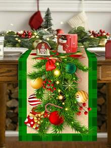 1 Stück 35*180cm/13.78*70.87 Zoll Weihnachtstischläufer, Schwarz & Grün karierte lange Tischdecke Dekoration Stoff, Weihnachtskugel, Glocke, Schleifen Elemente Muster, geeignet für Heimdekoration, Weihnachtsparty, Wohnzimmer, Esszimmer Tischoberfläche Festliche Zubehör - Weihnachten - Übersicht 4
