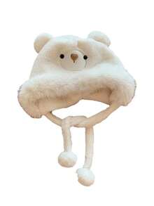 Neues koreanisches Plüschmützen- und Schalmützen-Set, thermisch gefütterter Ohrenwärmer, lässiges süßes Tiermotiv, Polyester, geeignet für Herbst-/Winteroutfits, flauschig