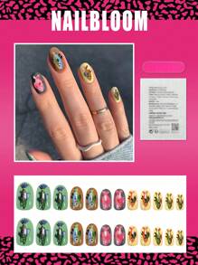 24片中号杏仁形按压式美甲贴片，绿色鱼形闪光线条艺术卡通可爱朋克风亮面全覆盖假指甲，适合女性和女孩夏季美甲、居家DIY美甲、美甲用品 - 彩色 - 查看 2