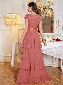 MIUSOL Sequin Floral Lace V-Neck Cap Sleeve Ruffle Trim Layered Hem Chiffon Evening Party Maxi Dress - Dusty Pink - View 3