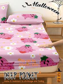 万圣节主题床笠，万圣节主题床垫保护套，床罩，舒适透气，抗起球，粉色卡通图案床罩，房间装饰，防尘防滑，适用于所有床型 - 单人床、双人床、大号床、特大号床，四季皆宜，不含枕头和枕套，可机洗，节日礼物，秋季装饰，房间装饰 - 彩色 - 查看 4