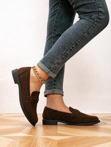 女士圆头简约平底乐福鞋，舒适复古平跟休闲鞋 - 銅色 - 查看 3