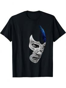 camiseta de manga corta para hombre de verano Camiseta de algodón negra con el patrón de la máscara de luchador mexicano - Negro - Ver 1