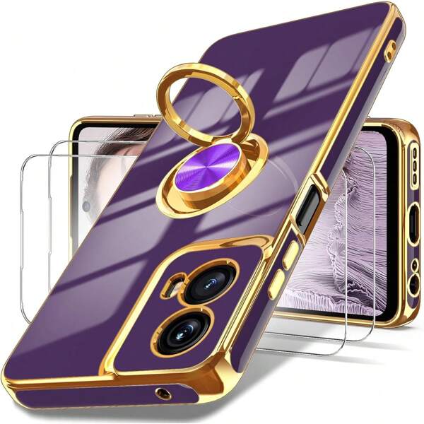 Dretal For  G 5G 2025 Case, Moto G 5G 2025 Case,2X Screen Protector, 360 °   Rotatable Ring Holder Magnetic Kickstand,Plated Gold Edge Slim Soft TPU Protective Cover (Deep Purple)