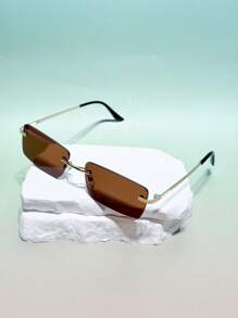 1 par de gafas de sol cuadradas sin montura de estilo vintage con patrón geométrico, versátiles y elegantes, de estilo de moda high fashion Y2K, adecuadas para exteriores y diversas ocasiones