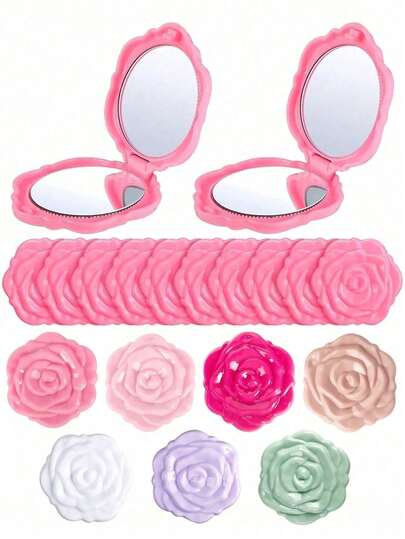 Paquete de 5 espejos compactos de color rosa, espejos de plástico mini para maquillaje de viaje, espejos portátiles y plegables con forma de rosa, espejo compacto para damas de honor, regalo para mujeres en bodas, fiestas y cumpleaños