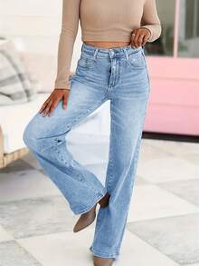 Jeans de pierna recta y ajustada, de cintura media, estilo callejero, apropiados tanto para looks casuales como de moda - Azul lavado medio - Ver 3
