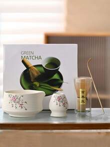 4pcs Sakura Ceramic Matcha Bowl Set, Includes Matcha Bowl, Chasen (Bamboo Whisk), Chashaku (Bamboo Scoop), Hishaku (Bamboo Ladle), Japanese Style Matcha Preparation Tools, Foaming Whisk, Lip Matcha Bowl, Traditional Japanese Matcha Tea Set, For Making Frothy Matcha Green Tea.
