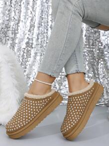 女士彩色铆钉装饰，时尚保暖内衬保暖雪地拖鞋，厚底防滑冬鞋，仿保暖内衬雪地靴