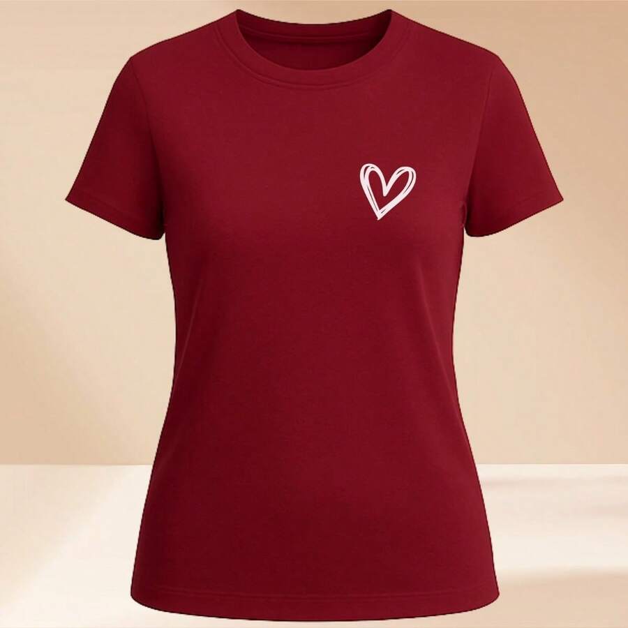 Women's Basic T-Shirt Cute Heart 100% Cotton Various Colors - 紫紅色 - 查看 1