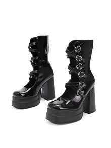 Waterproof High Heel Boots With Square Toe, Chunky Heel And Six Rows Of Hollow Out Heart Buckles Valentines - Black - View 4