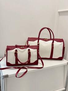 1pc Canvas Contrast Color Patchwork Fashion Duffle Bag,UnisexTravel Luggage,Suitable For Overnight Stay, Commuting,Short-Distance Travel(Small Size Fo R Commuting,Large Size For Short-Trip) Travel Essentials Holiday Vacation Luggage Suitcase Travel Bag For Women - Burgundy - View 6