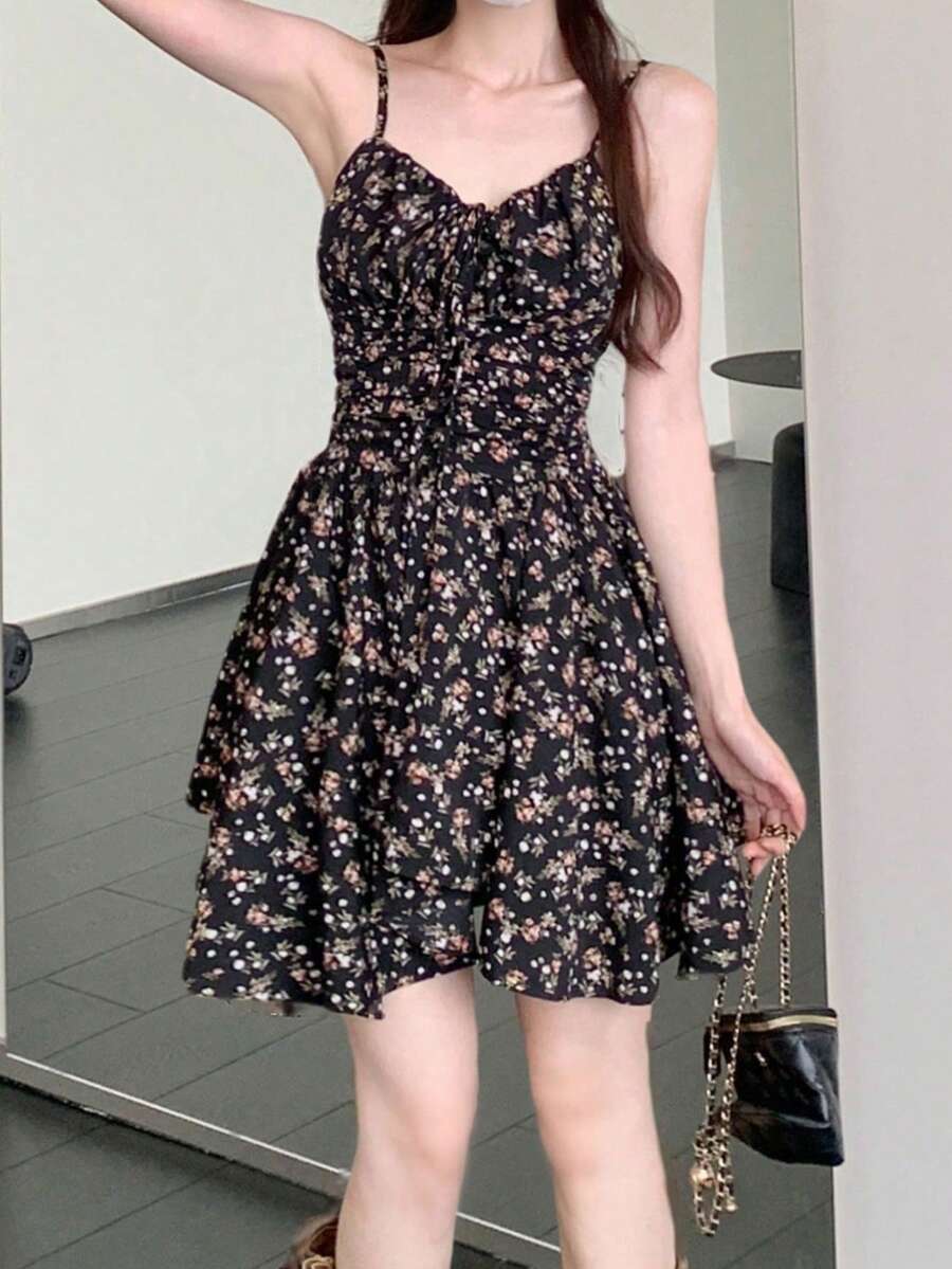 不对称碎花束腰黑色连衣裙，面料随机 - 藕粉色 - 查看 1