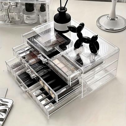 1个透明亚克力多层化妆品收纳盒，带抽屉，可收纳口红、唇彩和美妆工具，三层抽屉设计，化妆品展示架，桌面化妆品收纳架