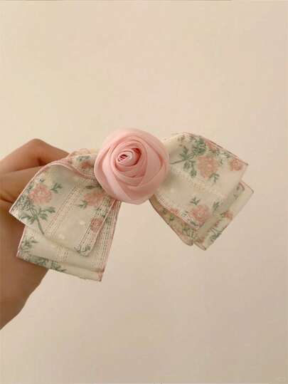 1pc Women's New French Vintage Rose Flower Bowknot Hair Clip Sweet And Lovely Flower Ponytail Side Clip Hairpin With Bowknot Fringe Headpiece, Pink Floral,Pink Accessories Valentine's Day Valentines, School Stuff, Elegant, College, Vacation Outfits Woman, Bows, Cute