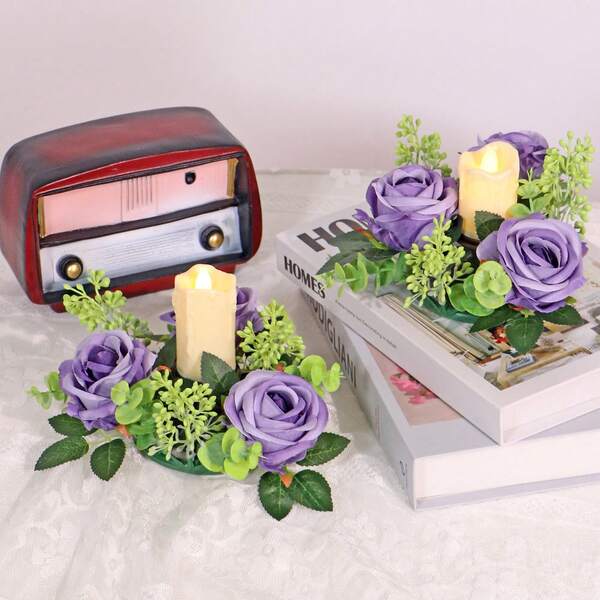 1/4 قطع حاملات شموع بزهور اصطناعية، لديكور الطاولة، إكليل الشموع، ديكور الحفلات والمنزل، ديكور طاولة الطعام في أعياد العطلات، ديكور حفلات الزفاف، دعائم التصوير الداخلي، ديكور غرفة المعيشة والنوم، ديكور الزفاف