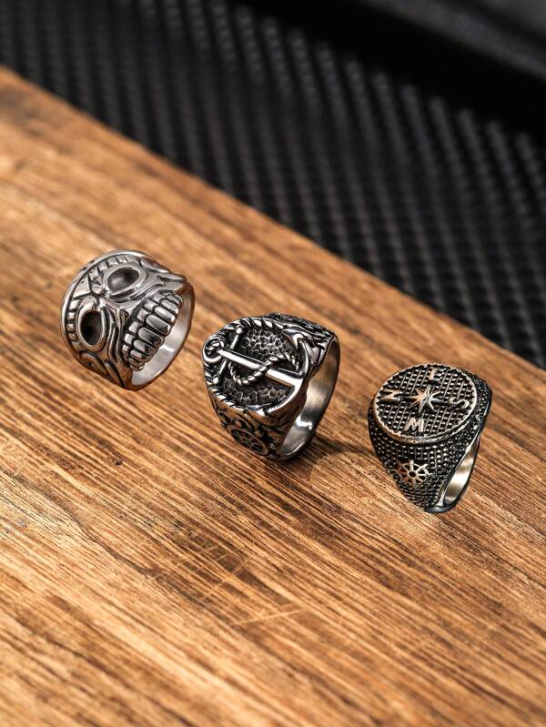 1pc Fashion Fine Man Jewelry Compass Ring, Nautical Stainless Steel Anchor Silver Man Ring Anniversary Party Birthday Gift For Boyfriend Husband